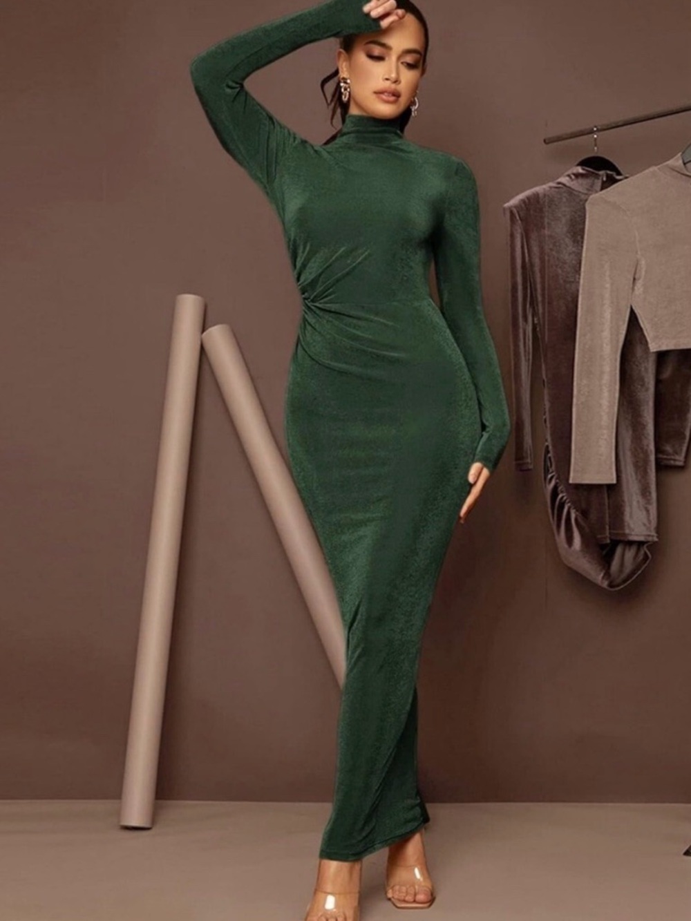 Forest Green Turtleneck Long-Sleeve Maxi Dress